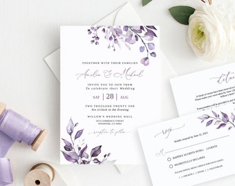 Dusty Purple Wedding Invitation Template, Purple Wedding Invitation, Editable Template, Lavender Wedding Invitation, Templett, #B64