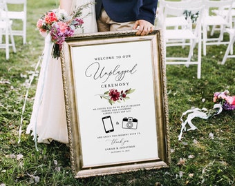 Burgundy Wedding Unplugged Ceremony Sign, Unplugged Wedding Sign, Unplugged Sign Template, Printable Unplugged Sign, Templett, #B35