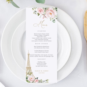 Plantilla de menú de boda en París, menú de boda en rosa ruborizado, tarjeta de menú de la Torre Eiffel con flores rosas, menú de boda boho, Templett, n.° B236