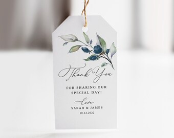 Etichette di ringraziamento per matrimoni blu scuro, Etichette regalo di nozze blu, Etichette per bomboniere floreali, Etichette di ringraziamento stampabili, Templett, #B34