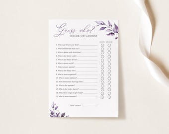 Dusty Purple Bridal Shower Adivina quién dijo plantilla de juego, novia o novio, dijo que ella dijo juego, juegos de despedida de soltera, Templett, #B64