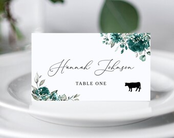 Teal Baby's Breath Wedding Place Card, Name Card Template, Seating Card, Wedding Name Card, Teal Name Card, Meal Choice, Templett, #B164
