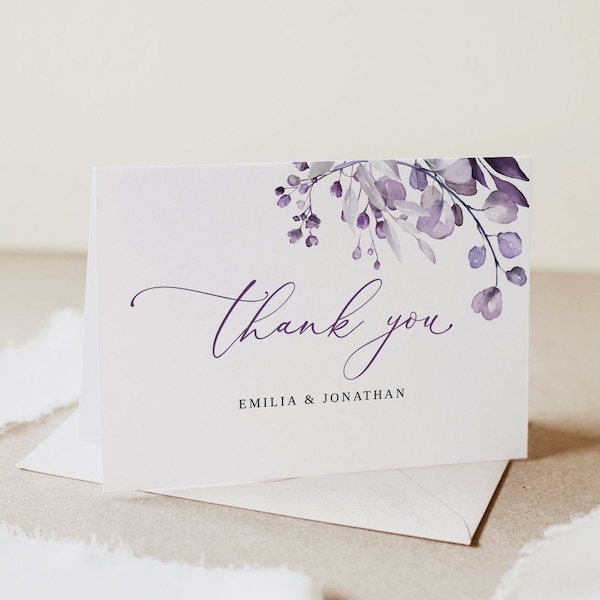 Dusty Purple Wedding Thank You Card Template, Floral Wedding Thank You Card, Folded Thank You Card, Printable Thanks Card, Templett, #B64