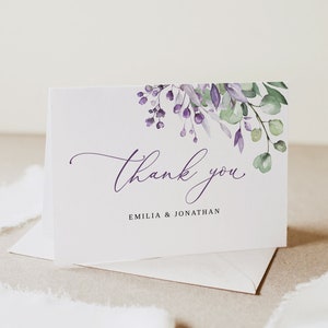 Lila und Grün Hochzeit Danke-Karte, Vorlage, Blumen Hochzeit Danke-Karte, Gefaltet Danke-Karte, Printable, Templett, #B125