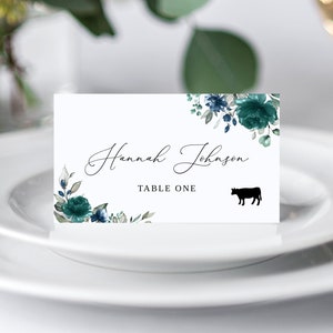 Teal Navy Wedding Place Card, Blue Teal Name Card Template, Seating Card, Wedding Name Cards, Place Card With Meal Choice, Templett, #B155