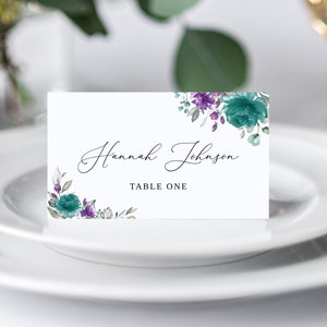 Teal Purple Wedding Place Card, Name Card Template, Seating Card, Wedding Name Cards, Teal Lavender Name Card, Templett, #B16
