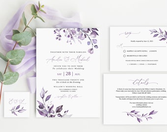 Purple Wedding Invitation Template, Dasty Purple Wedding Invitation, Editable Template, Lavender Wedding Invitation, Templett, #B64