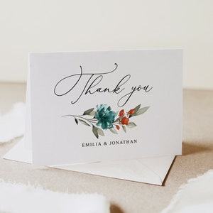 Teal Orange Hochzeit Danke-Karte Vorlage, Hochzeit Danke-Karte, Gefaltet Danke-Karte, Teal Hochzeit, druckbare Danke-Karte, Templett, #B141