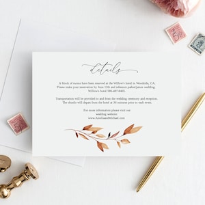 Plantilla de tarjeta de detalles de boda de otoño, tarjeta de alojamiento de boda, plantilla editable, tarjeta de boda de ceremonia, tarjeta de información, Templett, #B62