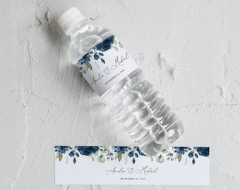 Navy Wedding Water Bottle Labels, Blue Water Bottle Label, Water Bottle Label Template, Templett, #B34