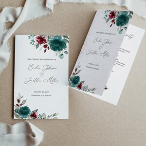 May include: Wedding invitation with a floral design in shades of burgundy and teal. The invitation reads "Welcome to the wedding of Emilie Johnson & Jonathan Miller, August 23, 2025, Woodside, California."