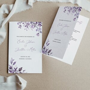 Dusty Purple Wedding Program Template, Lavender Wedding Program Folded, Floral Wedding Program Printable, Templett, #B64