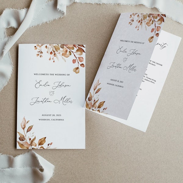 Fall Wedding Program Template, Autumn Wedding Program Folded, Botanical Wedding Program Printable, Templett, #B62