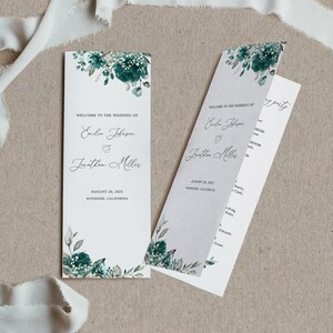 May include: Wedding ceremony program with a green floral design. The program includes the names Emilie Johnson and Jonathan Miller, the date August 20, 2025, and the location Woodside, California.