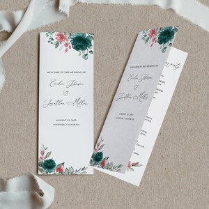 May include: Wedding program with a floral design in shades of green and pink. The program includes the names of the couple, "Emily Johnson & Jonathan Miller", the date "August 23, 2025", and the location "Woodside, California".
