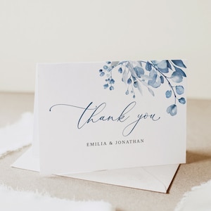 Modèle de carte de remerciement mariage bleu poussière, carte de remerciement mariage floral, carte de remerciement pliée, carte de remerciement imprimable, Templett, #B63
