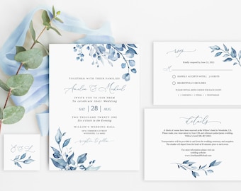 Dusty Blue Wedding Invitation Template, Blue Wedding Invitation, Editable Template, Blue Botanical Wedding Invitation, Templett, #B63