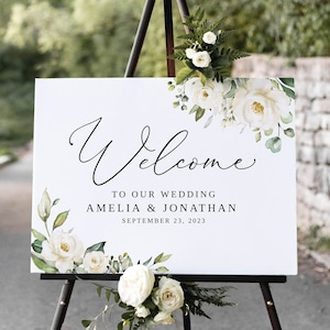 White Floral Wedding Welcome Sign Template, Floral Welcome Sign, Printable Wedding Sign, White Flowers, Templett, #B36