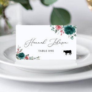 Pink Teal Wedding Place Card, Name Card Template, Wedding Name Cards, Marsala Name Card, Place Cards With Meal Choice, Templett, #B142