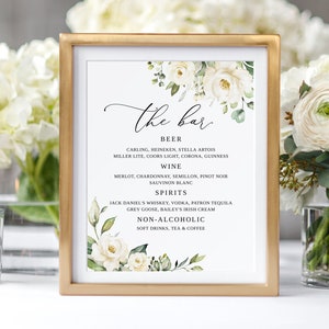 Letrero de barra de boda floral, letrero de boda del bar, letrero de menú de barra de bodas, letrero de bebidas de boda, plantilla editable, flores blancas, Templett, #B36