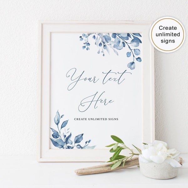 Dusty Blue Wedding Editable Sign, Edit Yourself, Custom Wedding Sign Template, Floral Blue Wedding Sign, Printable Signs, Templett, #B63