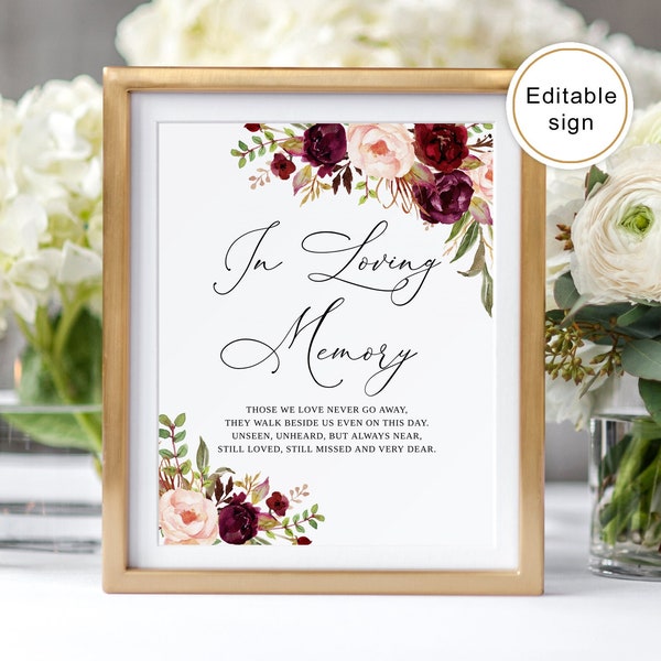 In Loving Memory Sign, Memorial Wedding Sign, Burgundy Blush Wedding In Loving Memory Sign, Editable Memory Sign, Templett, #B82