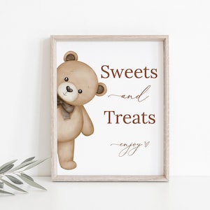 Teddy Bear Sweets and Treats Baby Shower Sign, Editable Baby Shower Sweets Station Sign, Neutral Baby Shower Dessert Sign, Bear Theme, B212