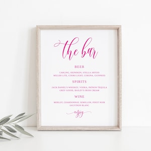 Hete roze bar teken, moderne bruiloft bar teken, het bar bruiloft teken, bruiloft bar menu teken, bruiloft drankjes teken, Templett, #160