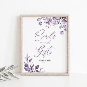Dusty Purple Wedding Cards and Gifts Sign, Lavender Wedding Cards and Gifts Sign, Printable Wedding Sign, Templett, #B64