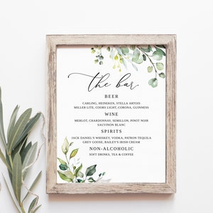 Greenery Wedding Bar Sign, The Bar Wedding Sign, Garden Wedding Bar Menu Sign, Autumn Wedding Drinks Sign, Editable Template, Templett, #B32
