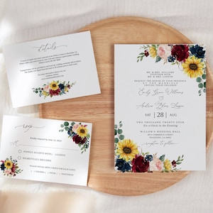Burgundy Navy Blush Sunflower Wedding Invitation Template, Marsala Wedding Invitation, Sunflower Wedding Invitation, Templett, #B153
