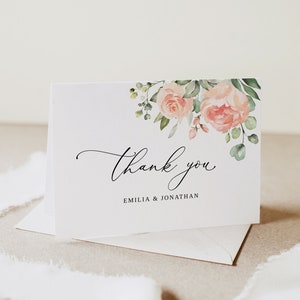 Pfirsich Hochzeit Dankeskarte, Vorlage, Blumenhochzeit Dankeskarte, Gefaltetes Dankeskarte, druckbare Dankeskarte, Templett, #B39