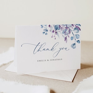 Blau Lila Hochzeit Dankeskarte Vorlage, Blumen Hochzeit Dankeskarte, gefaltete Dankeskarte, Printable, Templett, #B157
