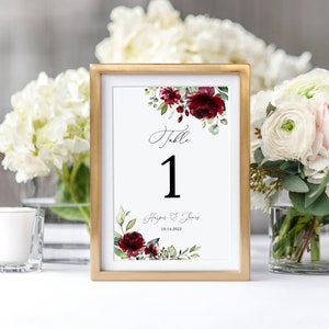 Numeri da tavolo per matrimoni bordeaux, modello numero da tavolo rosso scuro, carta per posti a sedere, numeri da tavolo modificabili, Templett, #B35