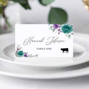 Teal Purple Wedding Place Card, Name Card Template, Seating Card, Wedding Name Cards, Teal Lavender Name Card, Meal Choice, Templett, #B16