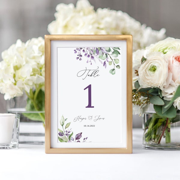 Purple and Green Wedding Table Numbers, Purple Table Number Template, Seating Card, Lavender Table Numbers, Templett, #B125