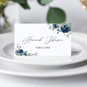 Marque-place pour mariage bleu marine et souffle de bébé, modèle de carte de visite bleue, carte de siège, cartes de visite pour mariage, carte de visite imprimable, Templett, #B93