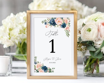Blush and Navy Wedding Table Numbers, Table Number Template, Seating Card, Editable Table Numbers, Templett, #B68