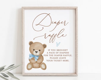 Teddy Bear Baby Shower Diaper Raffle Sign Template, Baby Boy Shower Diaper Sign, Bear Theme Decor, Diaper Game, B215