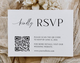 Kod QR RSVP, Szablon ślubu z kodem QR, Minimalistyczny RSVP z kodem QR, Nowoczesna karta odpowiedzi ślubnej, Karta RSVP online, B180