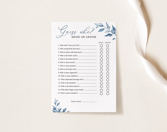 Dusty Blue Bridal Shower Guess Who Said Game Template, Bride or Groom, He Said She Said Game, Bridal Shower Games, Templett, #B63
