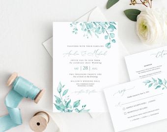 Agua Blue Wedding Invitation Template, Agua Wedding Invite, Egg Blue Wedding Invitation, Templett, #B124