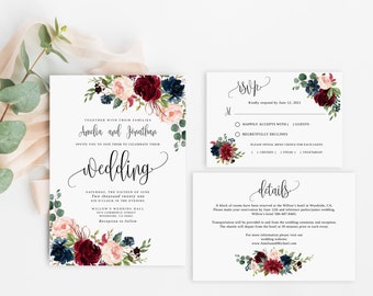Burgundy Floral Wedding Invitation Template, Navy Blush (Templett)