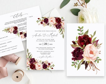 Burgundy Floral Wedding Invitation Suite, Editable Template