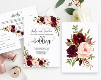 Könnte beinhalten: Hochzeitskarten-Set mit burgunderfarbenen und blushfarbenen Blumendesigns. Die Einladung enthält den Text "Amelia und Jonathan" und "Hochzeit". Die RSVP-Karte enthält die Optionen "Freut sich auf" und "Leider nicht möglich".