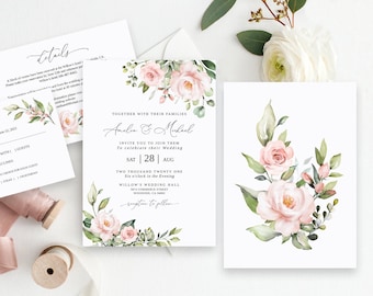 Ensemble de modèles de faire-part de mariage rose poudré, faire-part de mariage rose fard à joues, ensemble de faire-part floral fard à joues, faire-part de mariage rose, Templett, #B33