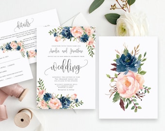 Blush und Navy Hochzeitseinladung, bearbeitbare Vorlage, druckbare Hochzeitseinladung, Template für Ihre Party, Navy und Blush Hochzeitseinladung, Templett, #B30