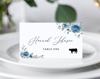 Dusty Blue Wedding Place Card, Dusty Blue Name Card Template, Seating Card, Wedding Name Card, Place Card With Meal Choice, Templett, #B97