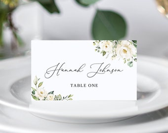 Wedding Place Card, Name Card Template, Seating Card, Wedding Name Cards, Printable Name Card, White Flowers, Templett, #B36