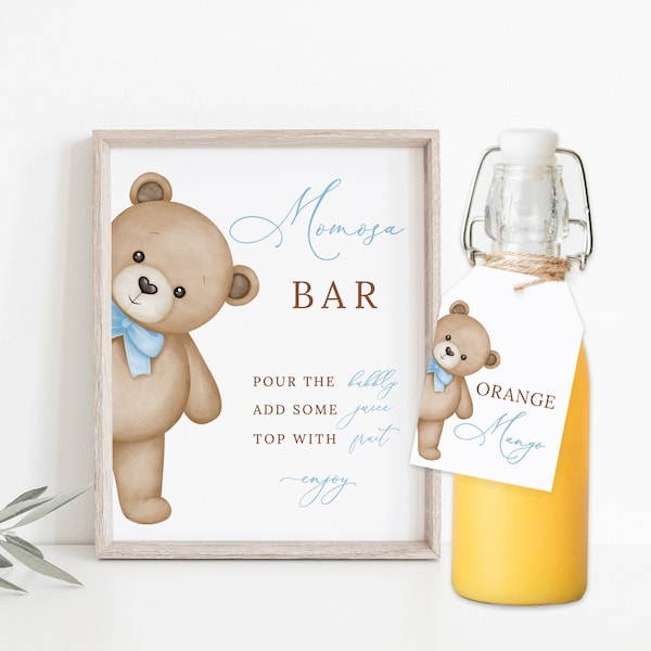 Teddy Bear Momosa Bar Sign and Juice Tags, Baby Shower Momosa Bar Tags, Mimosa Bar Juice Tag, Juice Bottle Tags, Food Tags, B215